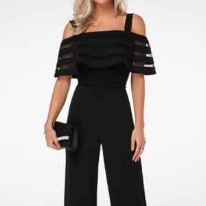 Strappy Cold Shoulder Overlay  Black Jump Suit